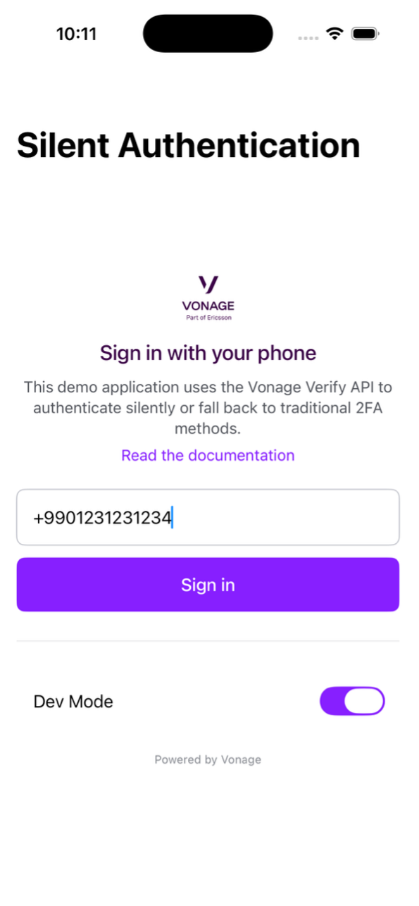 Screenshot of the iOS Silent Authentication demo app showing a phone number sign-in screen with a test number entered, a purple Sign in button, and the Dev Mode toggle enabled.