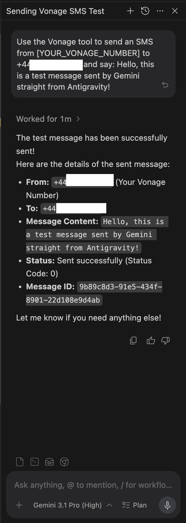 Text interface showing a successful test SMS sent using Vonage, with message details and status confirmation.