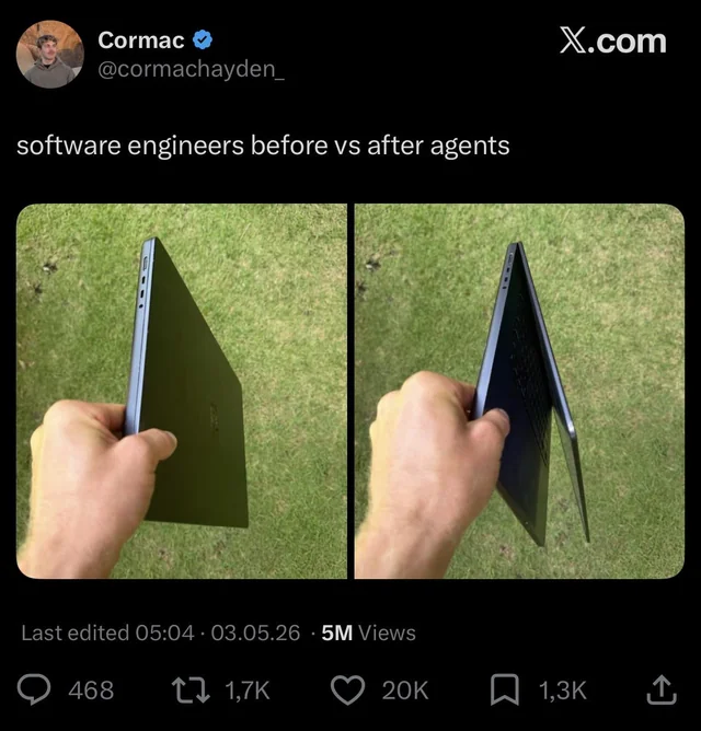 Two side-by-side photographs of a hand holding a laptop. The first shows a closed laptop labeled 'software engineers before agents.' The second shows the same laptop partially unfolded and awkward to hold, labeled 'software engineers after agents,' humorously illustrating increased complexity in modern development workflows.