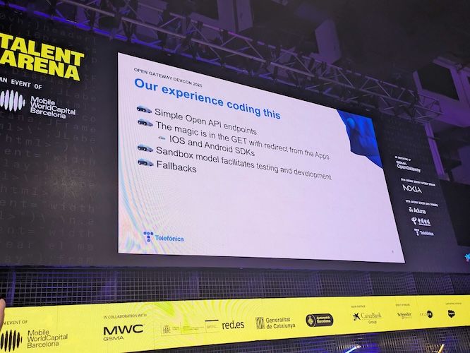 Presentation slide at Mobile World Congress Barcelona detailing coding experience with APIs, SDKs, and sandbox models.
