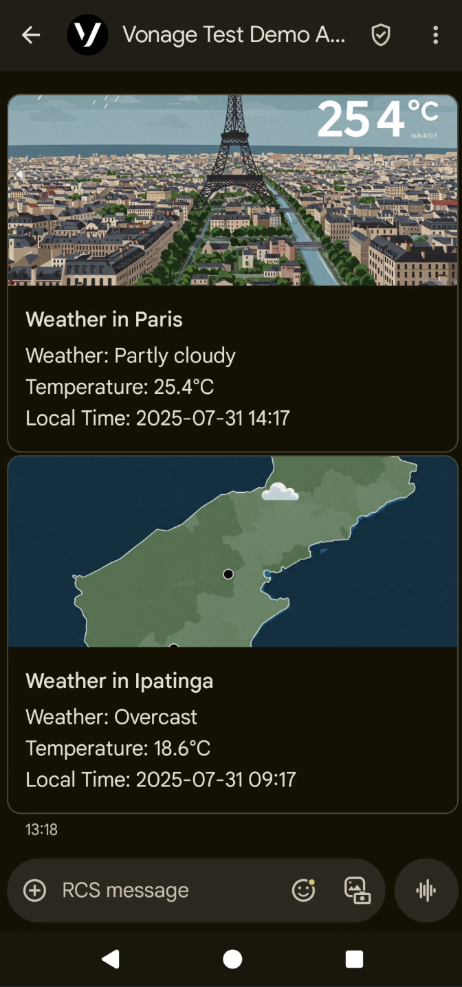 Phone screen showing two received RCS messages with a weather image and forecast description for Paris and Ipatinga.