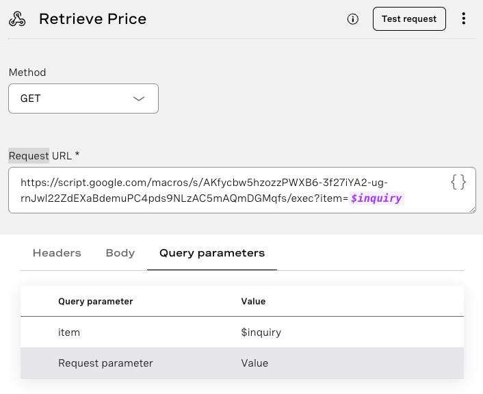 AI Studio Webhook node showing how query paramters can be add in the Request URL by adding the query parameter (item) and the value ($inquiry).