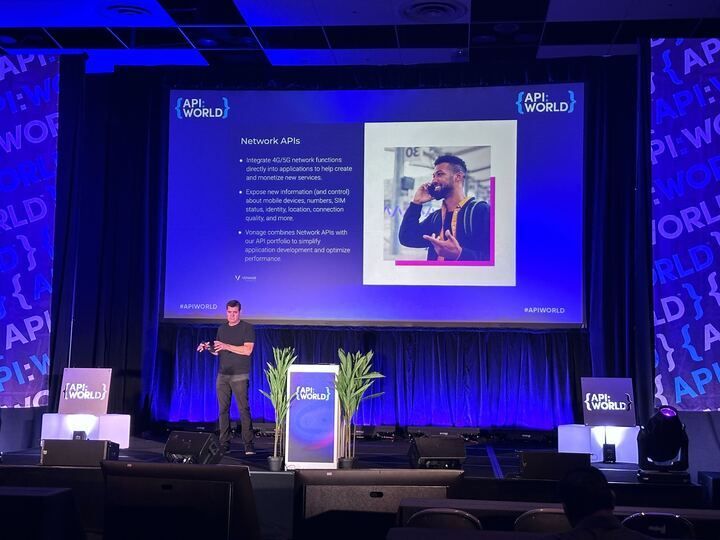 Alex Barnett presenting his keynote on Network APIs at API World