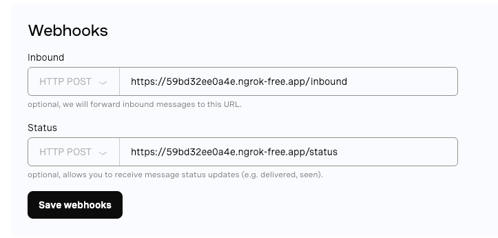 Screenshot showing webhook configuration with HTTP POST endpoints for inbound and status messages set to https://59bd32ee0a4e.ngrok-free.app/inbound and /status