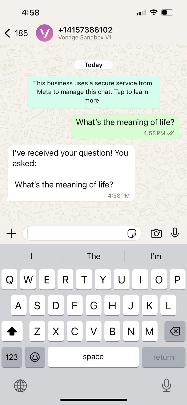 WhatsApp conversation where the user asks 'What’s the meaning of life?' and the Vonage Sandbox responds with a confirmation message repeating the question.