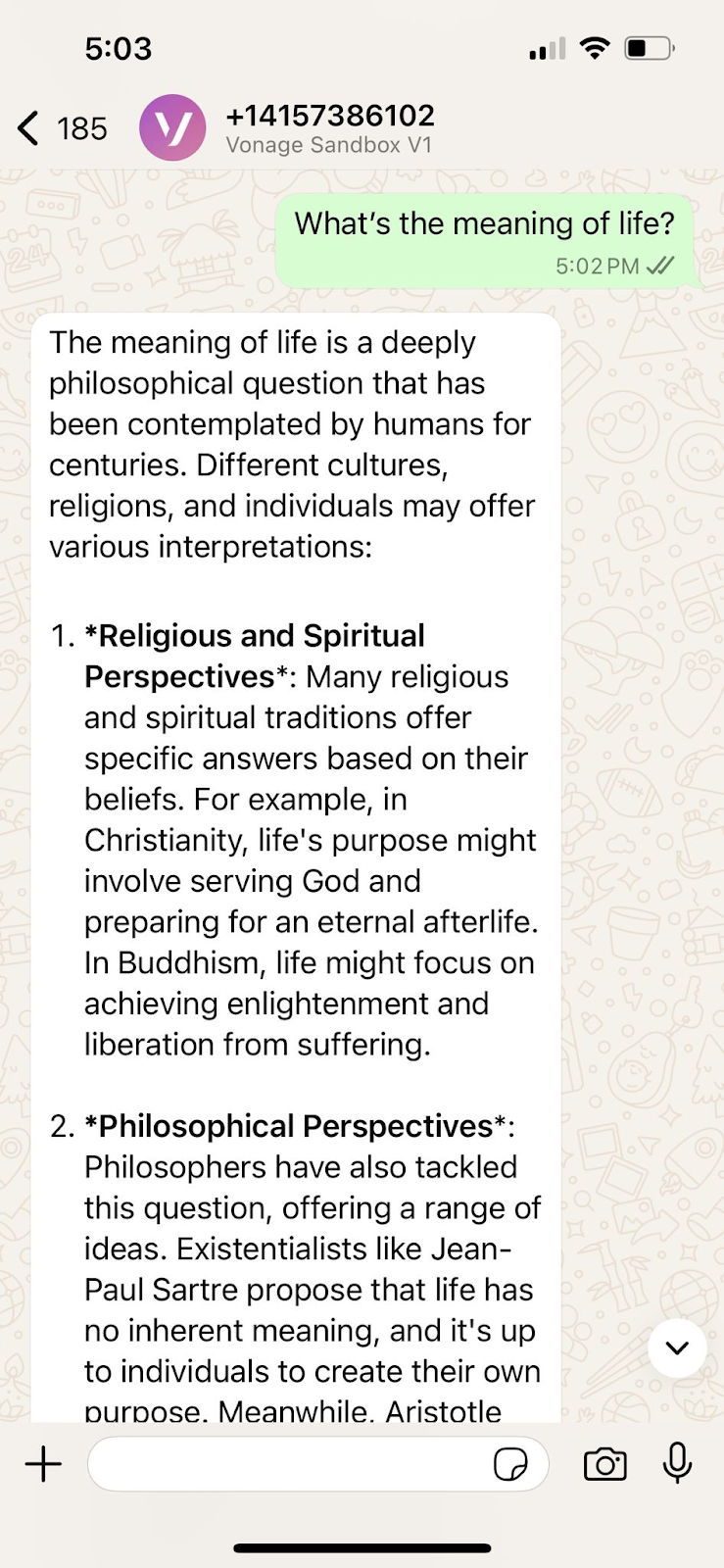 Screenshot of a WhatsApp chat where a user asks 'What’s the meaning of life?' and receives a long, structured reply discussing religious and philosophical perspectives.
