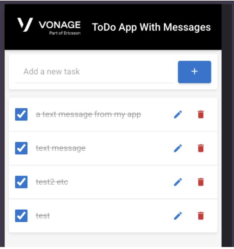 Screenshot showing my mobile application with the ability to add, edit, and delete tasks.