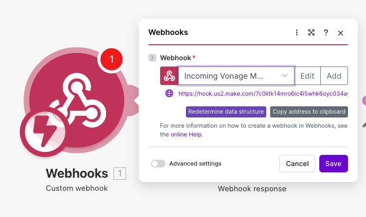 Screenshot of the Make Webhooks module configuration panel showing a selected custom webhook named “Incoming Vonage Message,” a generated webhook URL, and options to edit, copy the address, or save the configuration.