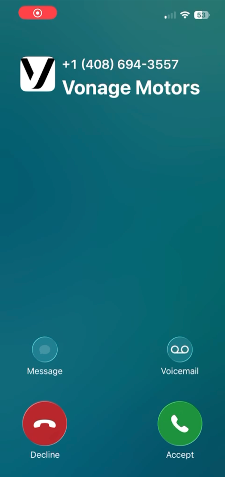 Smartphone incoming call screen showing branded caller ID with company name, logo, and call controls to accept or decline