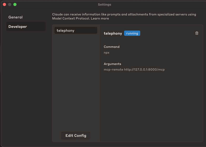 Developer tab in Claude's settings interface showing the 'telephony' tool running, with command set to 'npx' and arguments pointing to a local MCP endpoint.
