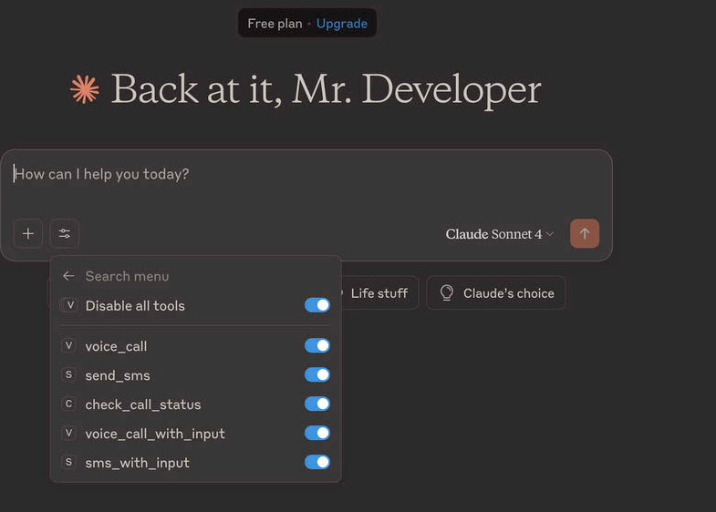 Claude desktop interface with the prompt input box and expanded tools menu showing toggles for MCP tools such as voice_call, send_sms, and check_call_status.
