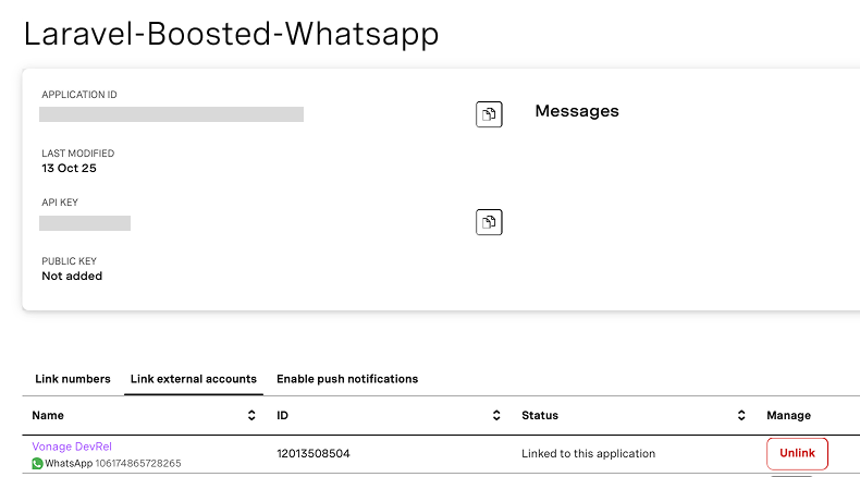 Vonage application dashboard displaying Messages configuration and a linked WhatsApp Business account under the external accounts tab.