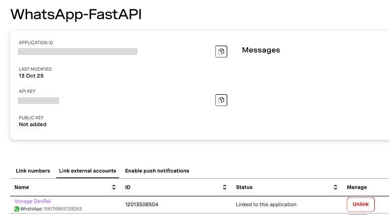 Screenshot of the Vonage Messages API dashboard showing the 'WhatsApp-FastAPI' application. It displays the Application ID, API Key, and status indicating the WhatsApp number 'Vonage DevRel' is linked with the application. A red 'Unlink' button is visible on the right.