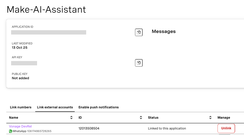 Screenshot of the Vonage Messages API dashboard showing the 'make-AI-Assistant application. It displays the Application ID, API Key, and status indicating that the WhatsApp number 'Vonage DevRel' is linked with the application. A red 'Unlink' button is visible on the right.