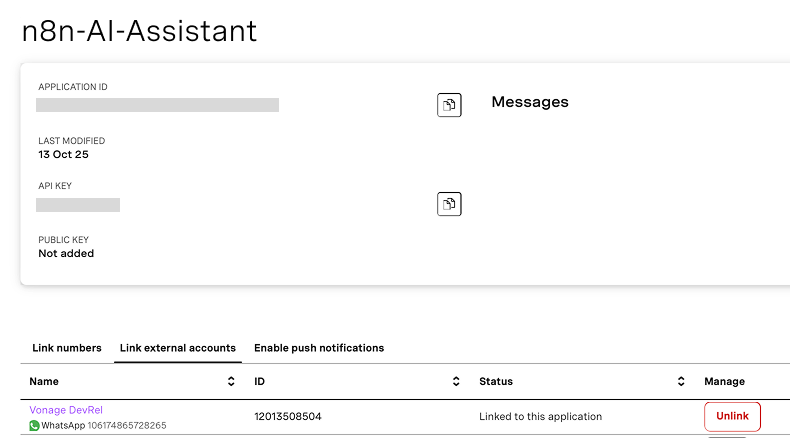 Screenshot of the Vonage Messages API dashboard showing the 'n8n-AI-Assistant application. It displays the Application ID, API Key, and status indicating that the WhatsApp number 'Vonage DevRel' is linked with the application. A red 'Unlink' button is visible on the right.