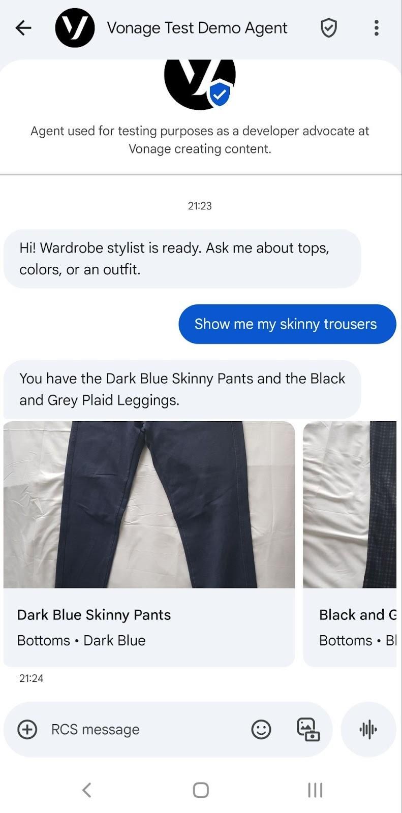 Chat interface with a conversation about wardrobe styling, showing images of dark blue skinny pants and grey plaid leggings.