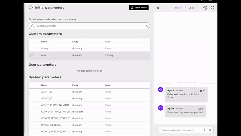 Testing the flow with a Test Parameter and checking the results in the chat against expected output.