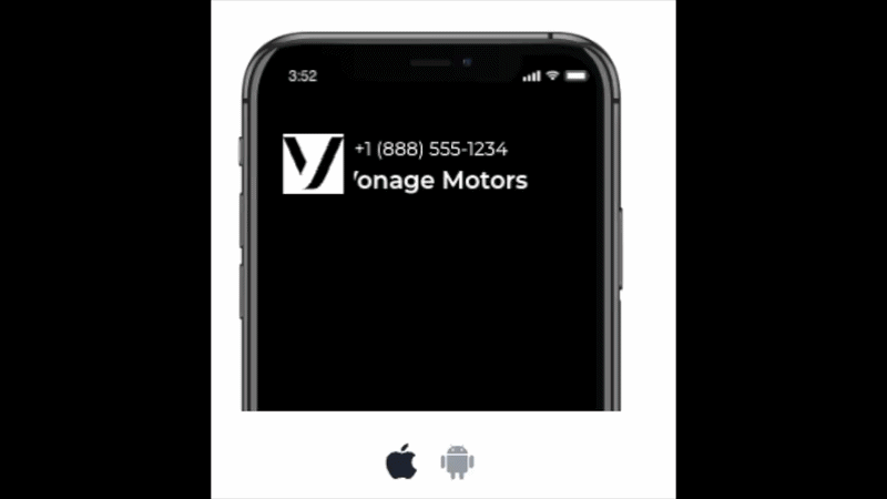 Incoming call screen on a smartphone showing branded caller ID with company name, logo, and phone number