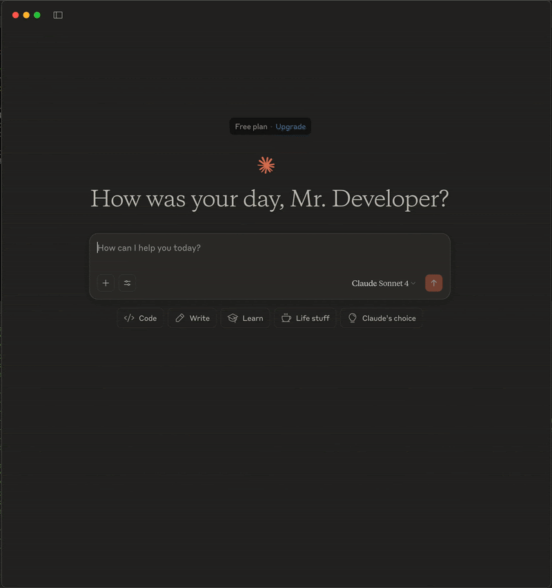 Claude AI welcome screen animation showing a prompt box with the text 'How can I help you today?' and quick-access buttons for Code, Write, Learn, and more.