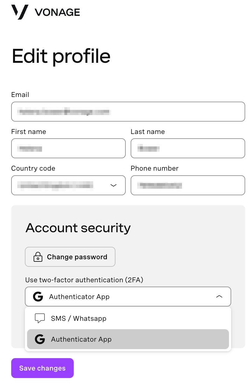 A screenshot of the Vonage profile settings page, showing options for two-factor authentication (2FA), including “SMS/WhatsApp” and “Authenticator App” with the latter selected.