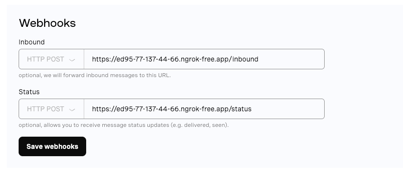 Screenshot of the WhatsApp sandbox interface showing two input fields for HTTP POST webhook URLs—one for inbound messages and one for message status updates, with a 'Save webhooks' button below.