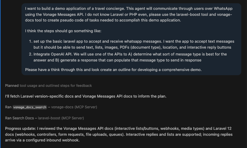 Screenshot of an AI coding assistant prompt describing a WhatsApp travel concierge app using Laravel, Vonage Messages API, and OpenAI, along with instructions to create a development plan.