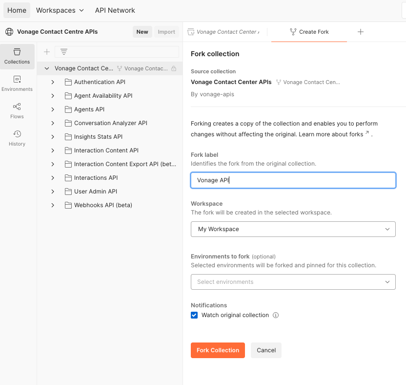 Screenshot of the Postman interface during the fork collection process, showing options to enter a fork label, select a workspace, and optionally fork environments from the original Vonage Contact Center API collection.