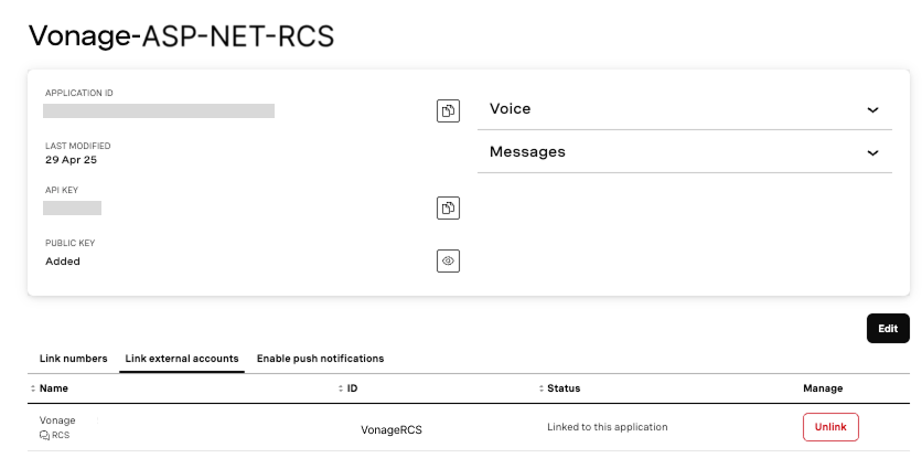 Screenshot of the Vonage dashboard where the Vonage-ASP-NET-RCS  application is linked to an RCS external account named 'Vonage,' displaying application ID, API key, and status controls.