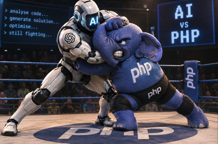 Generic AI generated image of an AI robot fighting the PHP elephant mascot in a boxing ring for no particular reason