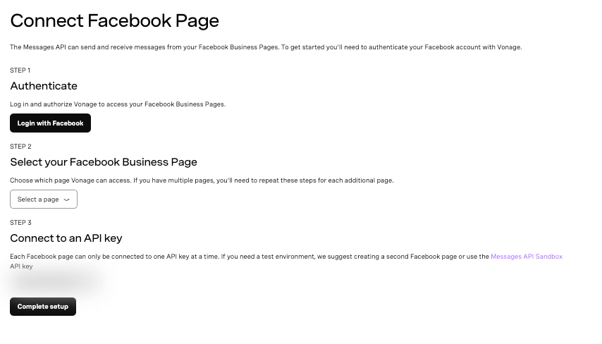 Screenshot showing the steps to connect a Facebook Business Page to Vonage Messages API: authenticate with Facebook, select a business page, and connect to an API key