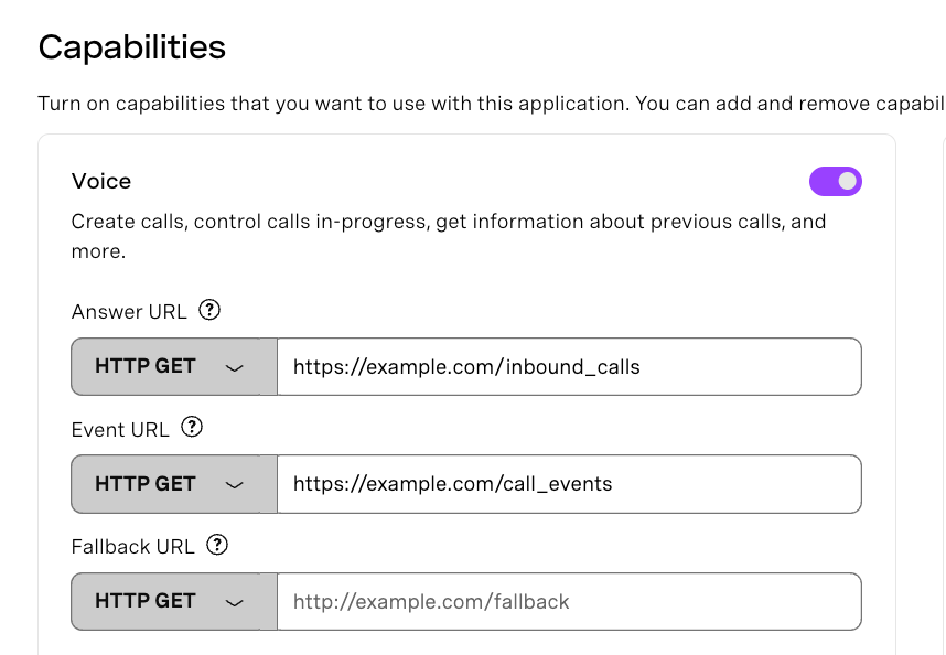 Vonage Voice API capabilities settings with fields for Answer URL, Event URL, and Fallback URL, each set to example endpoints using HTTP GET.