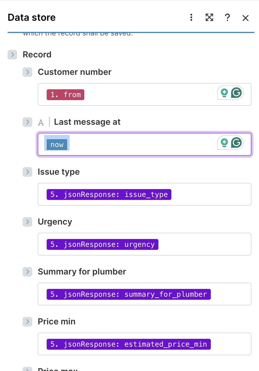 Screenshot of a Make Data Store module showing fields populated with mapped values from earlier modules, including the customer number from the inbound message, the current timestamp for “Last message at,” and multiple fields sourced from the AI Agent’s JSON response, such as issue type, urgency, summary for plumber, and estimated price range.