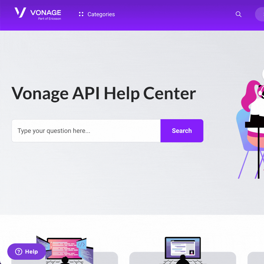 Gif of the Vonage API Support Website - Entering a question in English and the AI Assistant replying in English