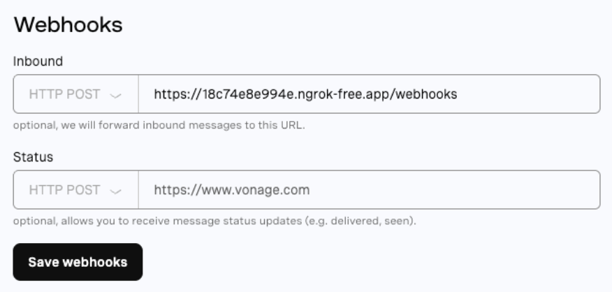 Screenshot of the Vonage Sandbox webhooks configuration with the public ngrok address added.