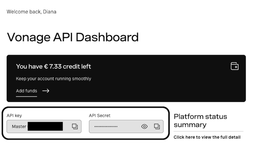 A section of the Vonage dashboard with API key and API Secret credentials