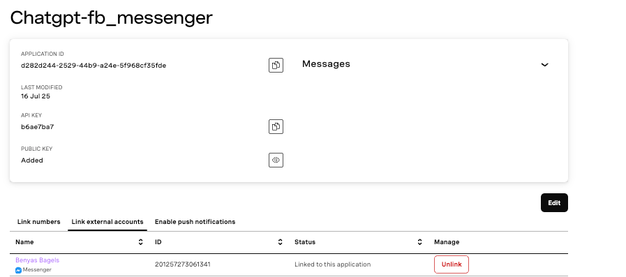 Screenshot of the Vonage application dashboard showing the application ID, API key, and public key for a Facebook Messenger integration, along with the linked business page 'Benyas Bagels' and an 'Unlink' button