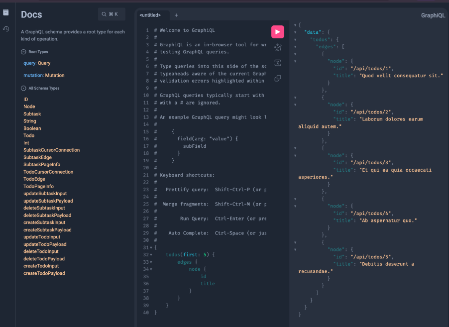 Screenshot of an API call returning a GraphQL response