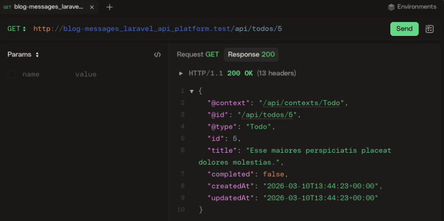 A screenshot of HTTPie returning a 200 of a ToDo entity in JSON-LD format