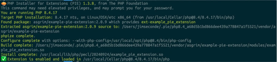 Screenshot of the terminal where PIE has successfully installed a module off Packagist