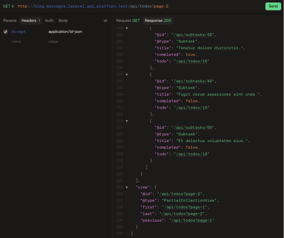 Screenshot of an API call showing pagination standard fields rendered by API Platform
