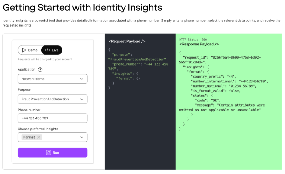 User interface for Identity Insights showing a demo setup for fraud detection with a phone number request and JSON response payload.