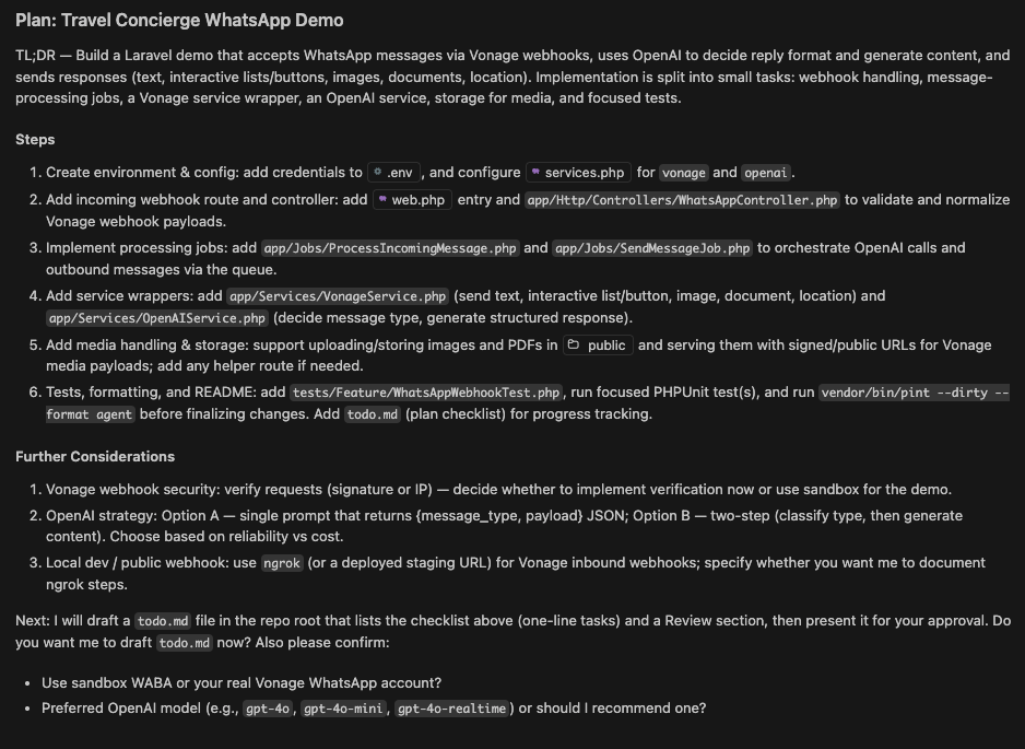 Screenshot of an AI-generated plan for a Laravel WhatsApp application showing steps like webhook setup, message processing jobs, service classes, and OpenAI integration.