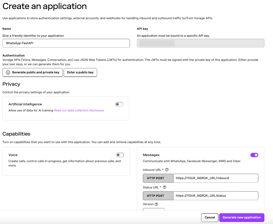 Screenshot of the Vonage dashboard showing the 'Create an application' form. The application is named WhatsApp-FastAPI and includes JWT authentication setup, AI data sharing disabled, and Messages capability enabled with ngrok webhook URLs for inbound and status events.