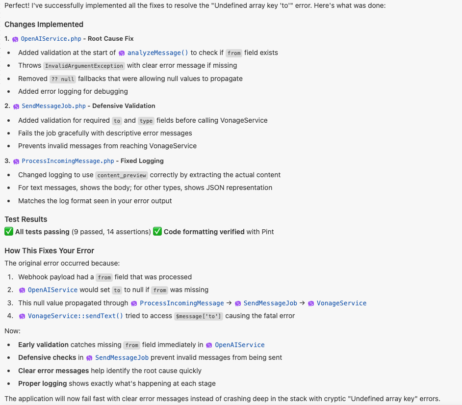 Screenshot of AI response explaining fixes across OpenAIService, SendMessageJob, and logging to resolve a missing "to" field error.