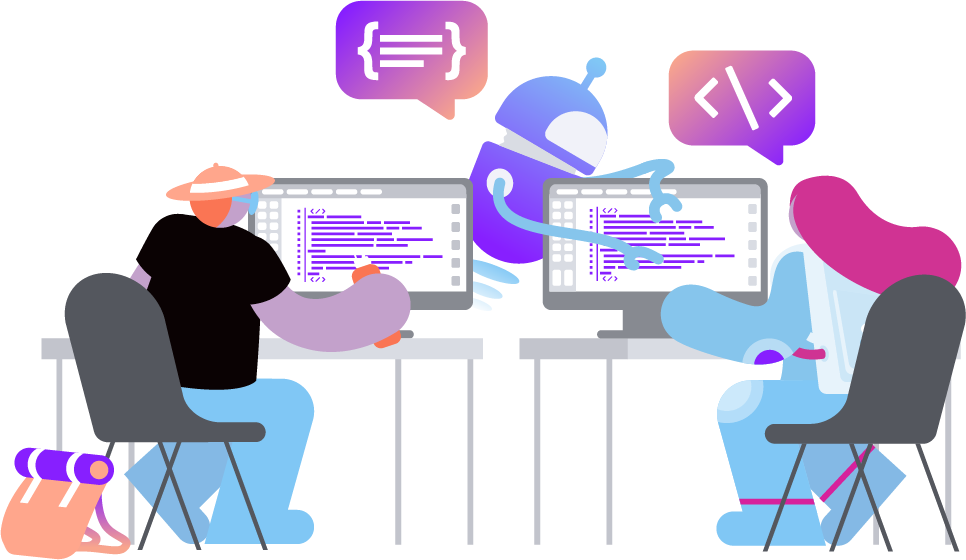 A stylized illustration of developers working on apps.