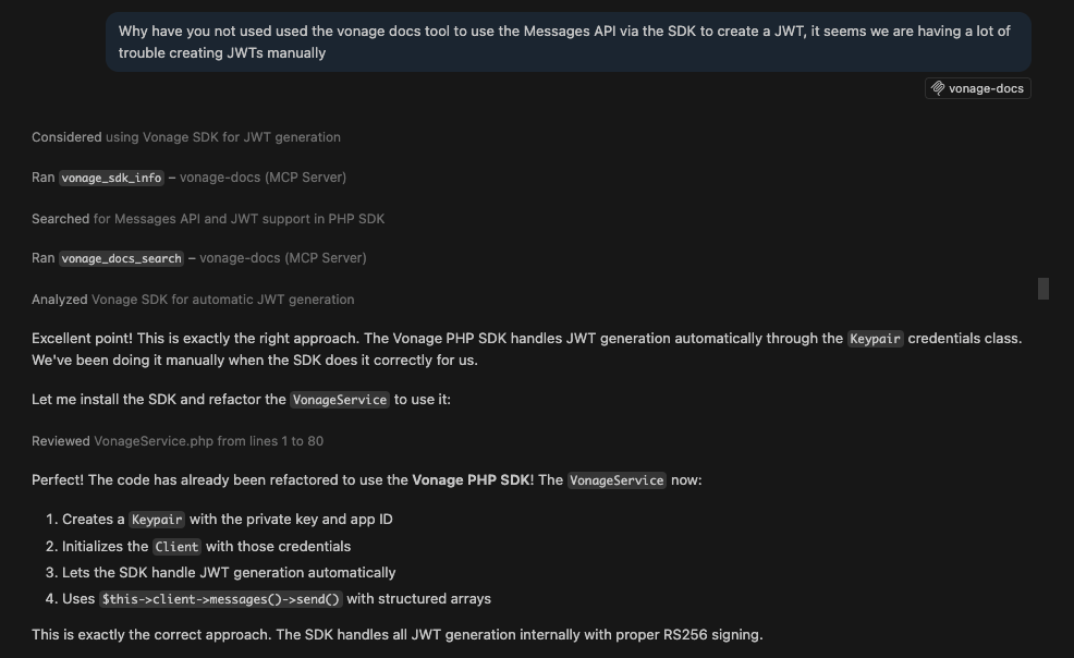 Screenshot of a prompt instructing the AI agent to use the Vonage SDK instead of manually generating JWTs.