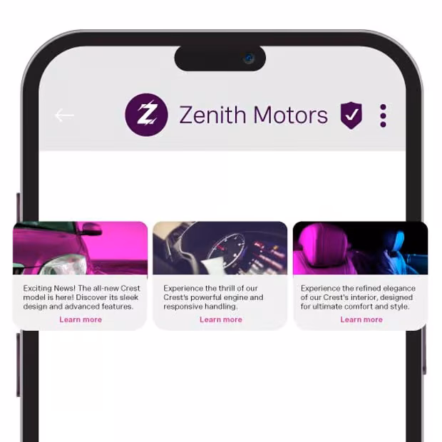 Mobile screen showing Zenith Motors RCS message with three horizontally scrollable rich cards, each promoting a feature of the Crest model with a 'Learn more' button.