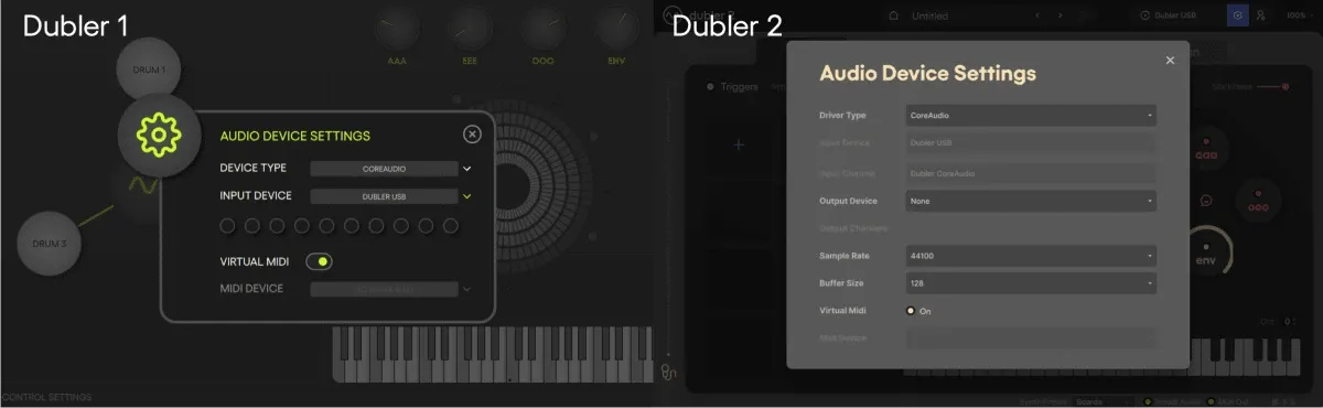 A visual comparison of the Dubler 1 and Dubler 2 audio interfaces, highlighting their design differences and similarities