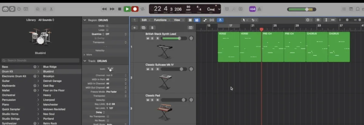 Ableton - three sections of a track