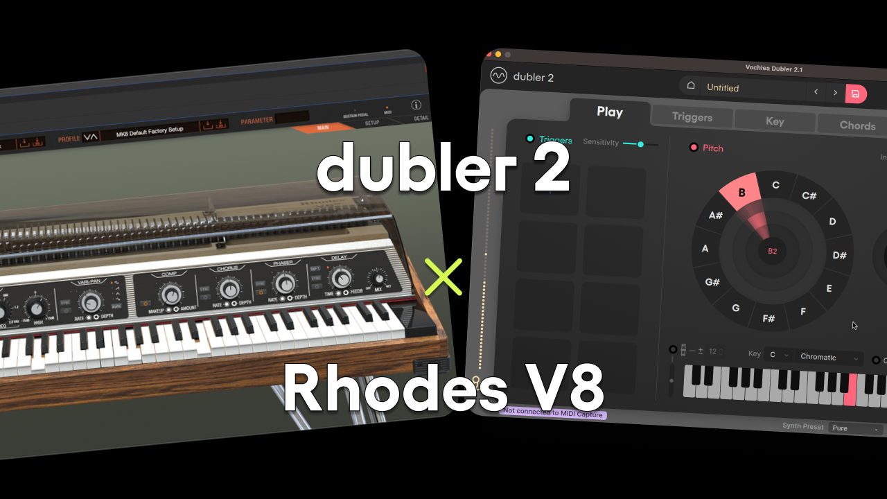 picture of the Dubler 2 software app and Rhodes V8 Pro plugins together